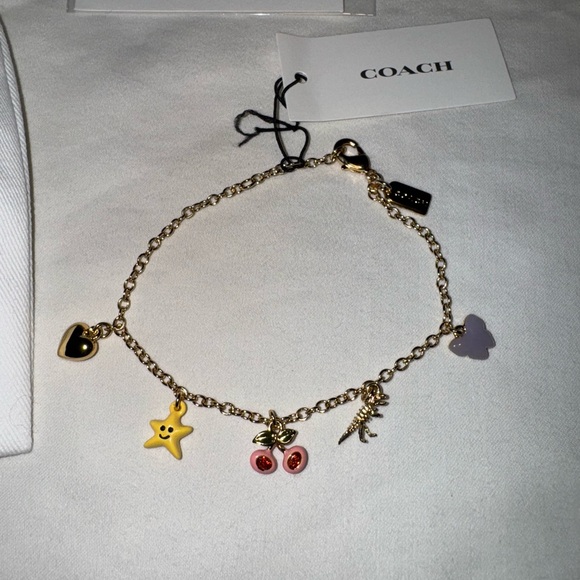 New COACH Charm Gold Bracelet, Lavender Butterfly/Rex/Cherries/Yellow Star/Heart - Picture 3 of 10